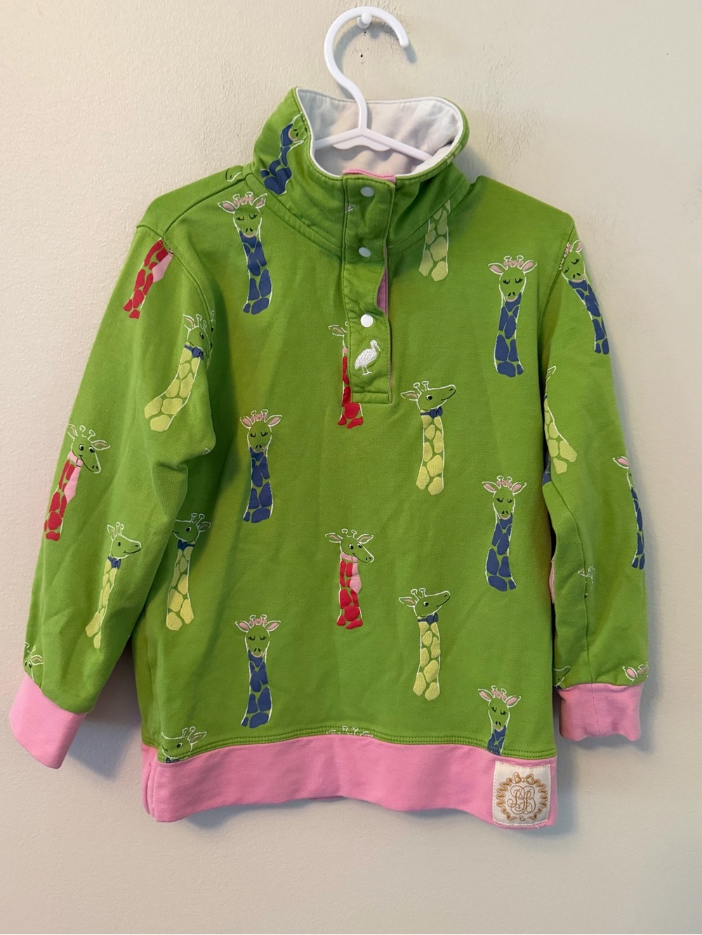 The Beaufort Bonnet Company Green Giraffe Print Pullover with Pink Trim